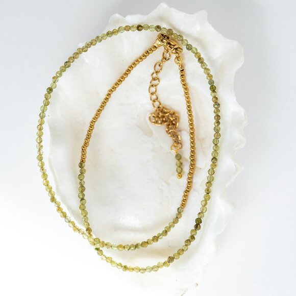 Peridot Beaded Necklace August Birthstone Waterproof Gold Dainty Summer Jewelry - Picture 14 of 16